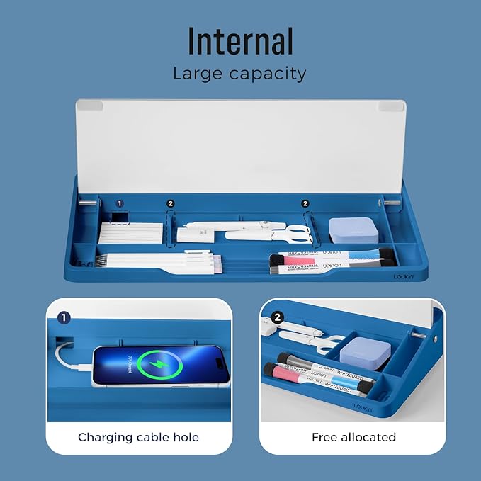 LOUKIN Glass Desktop Whiteboard, 15.3" x 5.6" Desktop Dry Erase Board with Dotted and Graduated Surface, Desktop Buddy, Great for Design and Drawing, 3 Markers and 1 Dry Erase Eraser Included (Blue)