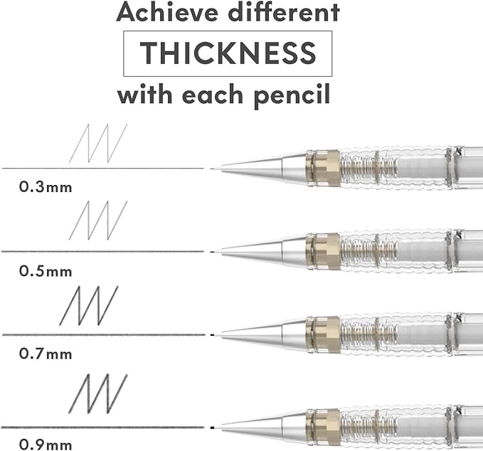 MozArt Mechanical Pencil Set with Case - 4 Sizes: 0.3, 0.5, 0.7 & 0.9mm with 30 HB Lead Refills Each & 4 Eraser Refills -Sketch, Drafting, Art, Drawing Supplies (Clear)