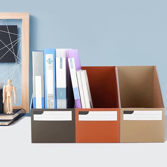 SAYEEC Plastic Magazine File Holder, 3 Pack Foldable Folder Holder with Labels, Vertical File Paper Organizer Magazine Storage Box Rack Book Bins for Desk (3 Colors (Coffee, Khaki, Orange))