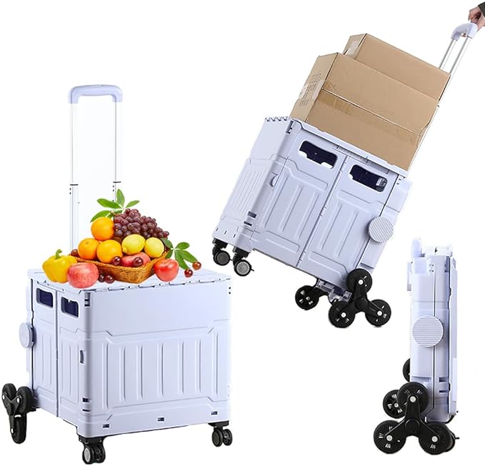 Foldable Utility Cart with Stair Climbing Wheels,Folding Portable Rolling Crate Handcart with Aluminium Alloy Telescoping Handles, Handcart for Grocery Book File Tool Art Supplies