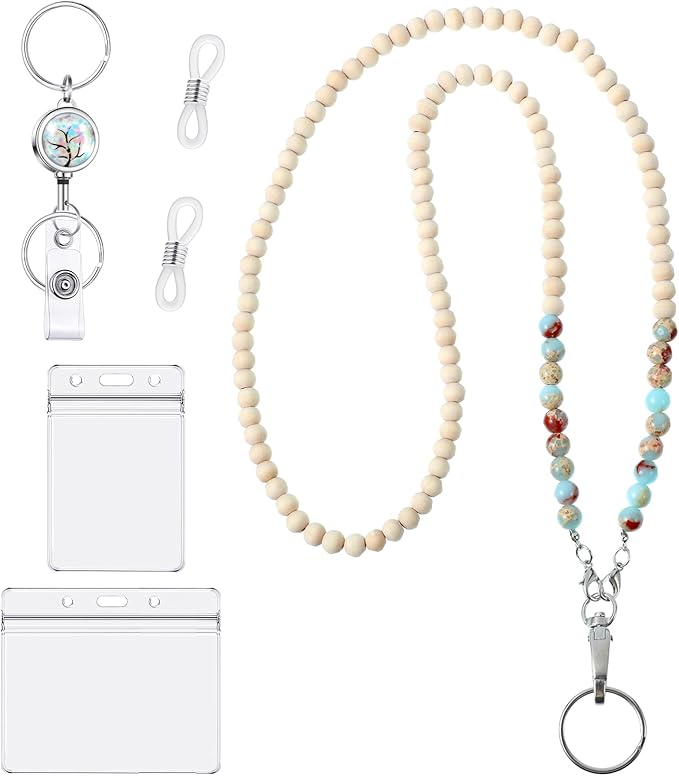 Teacher Lanyard with ID Holder Cute Wooden Beaded Lanyards for ID Badge Holders Retractable Badge Reel Keys Eyeglass Chains for Women