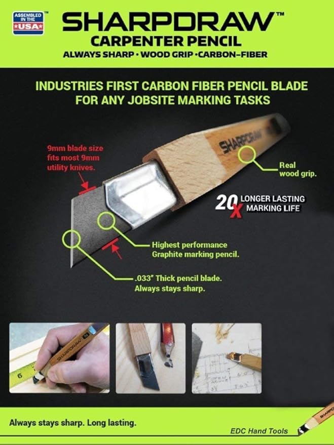SHARPDRAW Fine Line Carpenter Pencil - Carbon Fiber Reinforced Graphite for Consistent Razor Sharp Lines – Real Wood Handle – 0.8mm Line for Finish Carpenters & Woodworkers