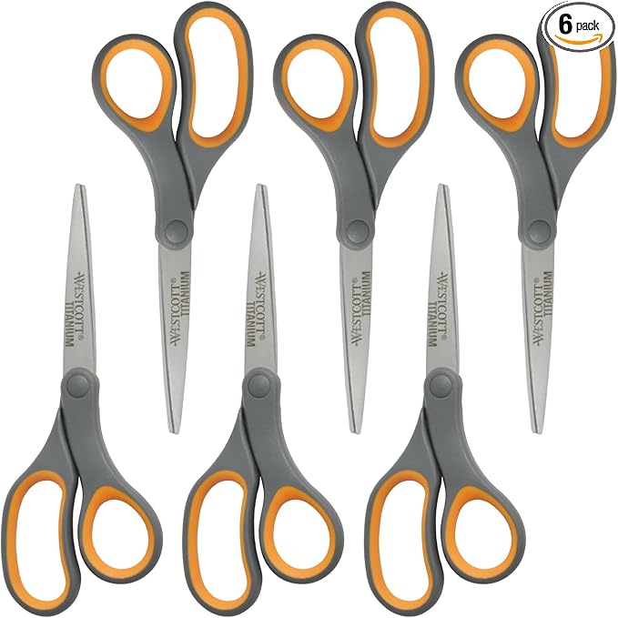 Westcott Titanium Bonded Scissors, Soft Handle, 8", Straight, Gray/Yellow, 6-Pack