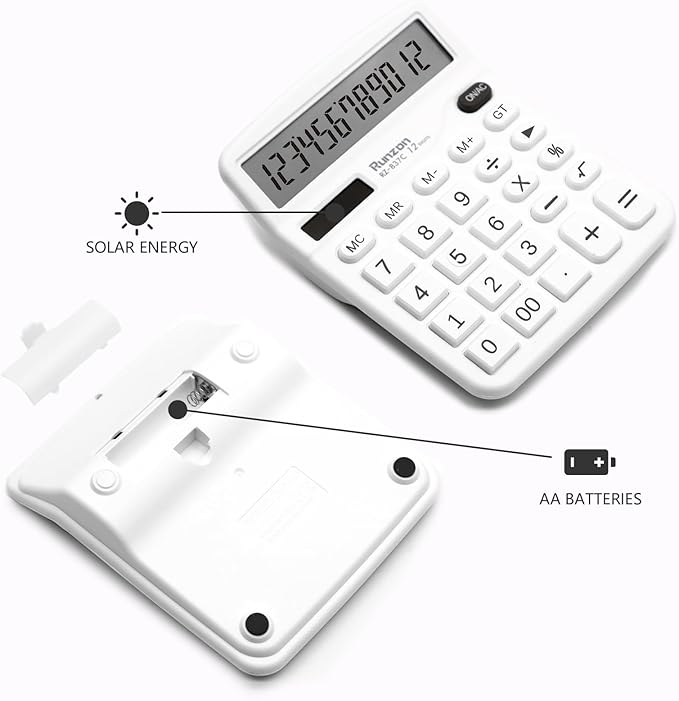 2PC White Calculator, Solar Battery Dual Power Calculator,Desktop Calculator 12 Digit with Large LCD Display, White Office Supplies with Sensitive Button, White Desk Accessories, School Supplies