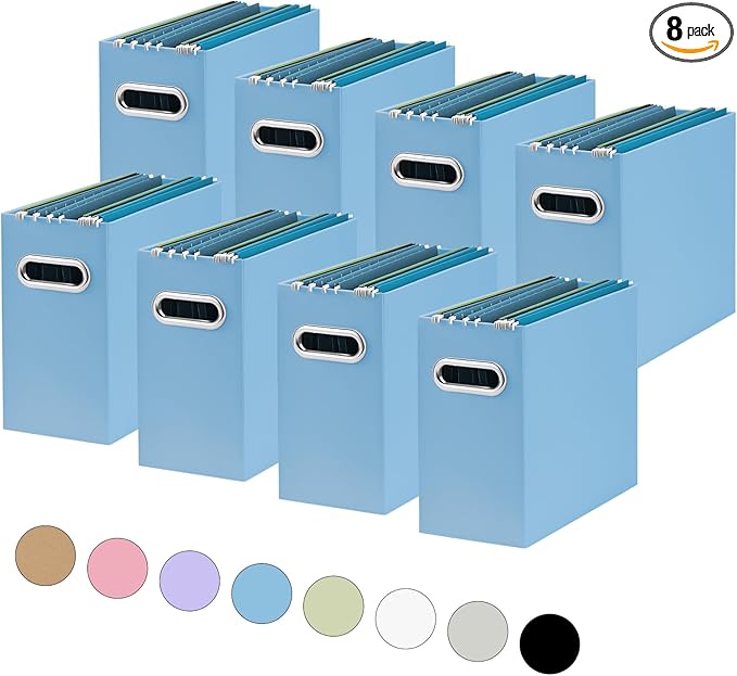 Oterri File Organizer, Small Storage Box, Cardboard File Folder Organizer, Collapsible File Box, Hanging File Organizer for Letter Size, Portable File Box with Handle, Only Box (Blue,8 Packs)