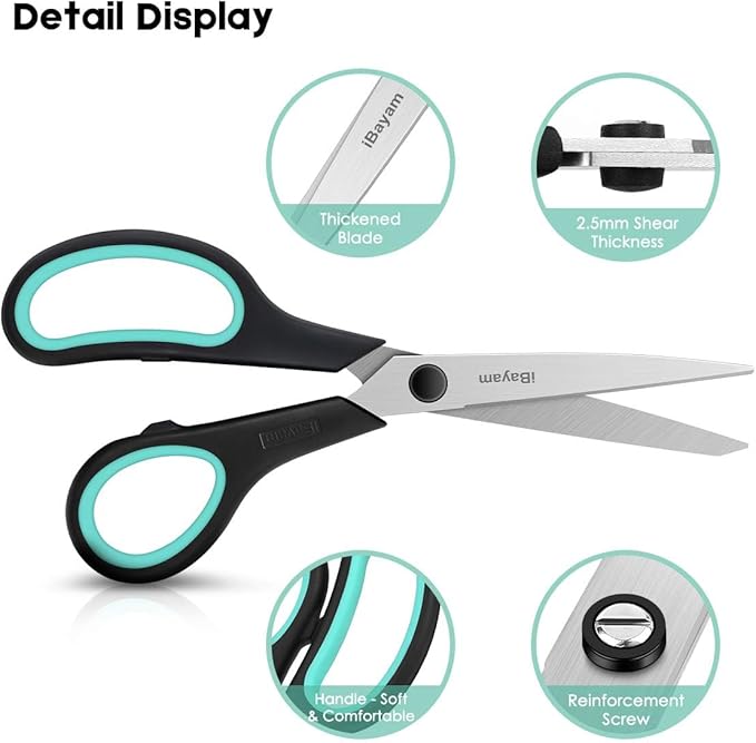 3-Pack 8" Heavy Duty Scissors with Ultra Sharp Blades and Comfort Grip Handles - For Office, Home, School, Sewing, and Crafts