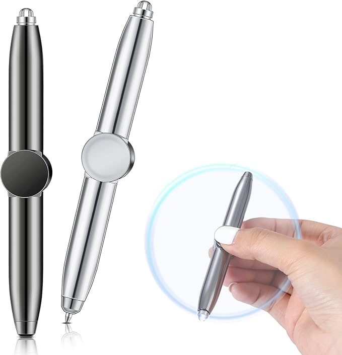 Chinco 2 Pieces Fidget Spinning Pen with LED Light Multi Functional Help Thinking Ballpoint Gift Pen for Adults Students Teenage(Gray, Silver)