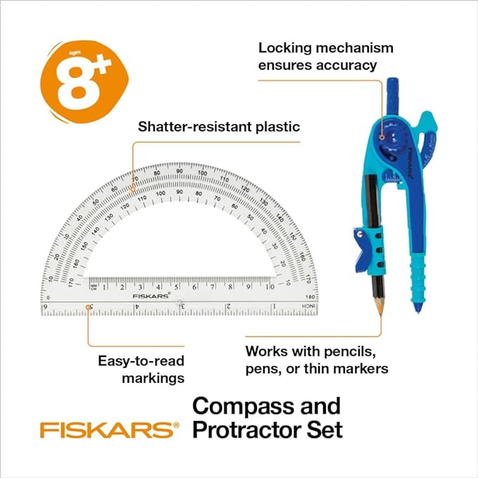 Fiskars Plastic Compass and Protractor Set - Math Geometry Set for Kids 8+ - Back to School Supplies - Includes Pencil - Color May Vary