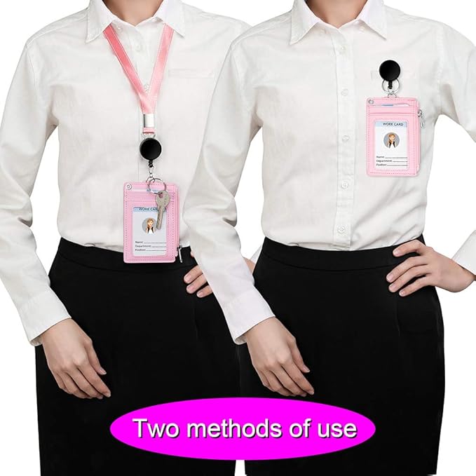 Cute ID Badge Holder Retractable Lanyard Reel Clip with Heavy Duty Carabiner, 5 Card Slots in 2 Sided with Key Ring and Zipper for Students Teens Boys Girls Office Staff Women (Pink)