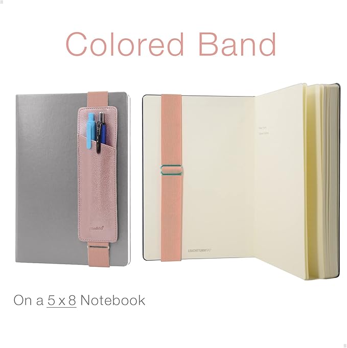 Adjustable Elastic Band Pen Holder, Pencil Holder, Pen Sleeve Pouch for Hardcover Journals, Notebooks, Planners, Binders, Fit Notebooks from 8" to 11” in Height, PU Leather, Detachable, Rose Gold