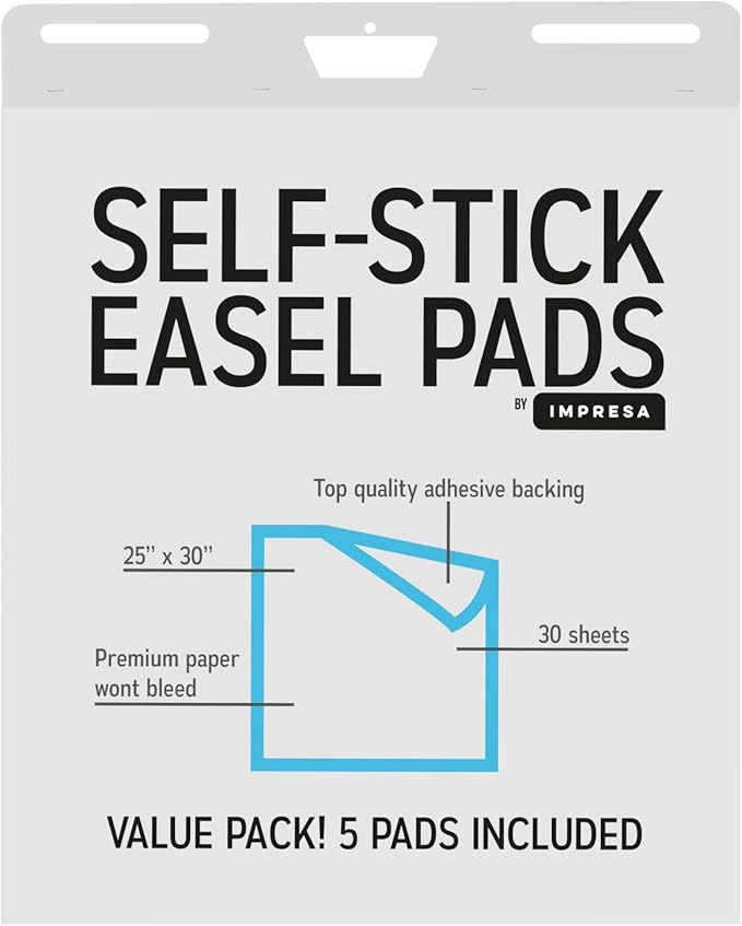 IMPRESA Large Sticky Easel Pads - 5 Pack (30 Sheets Per Pad) - Flip Charts for Classroom and Office - Sticks onto Walls and Whiteboards - White Premium Paper - No Residue (150 Sheets Total)