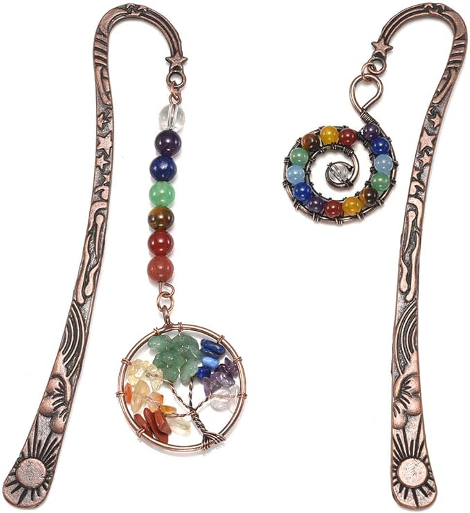 Jovivi Antique Copper Metal Bookmark Beading Bookmarks with Handmade 7 Chakra Healing Crystals Tree of Life Tumbled Gemstones/Swirl Round Beads Dangle (Mixed 2pcs)