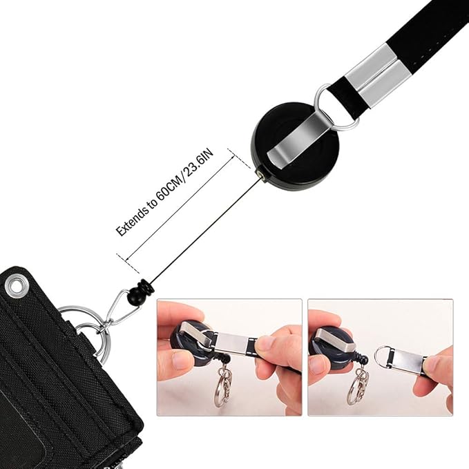 Cute Badge Holder Retractable Lanyard Reel Clip with Heavy Duty Carabiner, 1 Clear ID Window, and 4 Card Slots in 2 Sided for Students Teens Boys Girls Women (01 Black Bear)