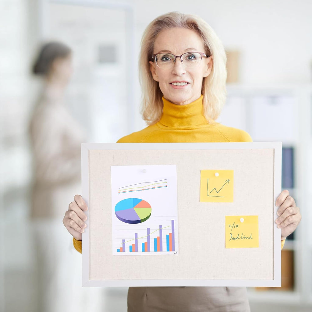 OWLKELA 13.3"x17.7" inch Bulletin Board with Linen, White Wood Style Frame, with 10 Pushpins, Linen Cork Board, Ideal for School, Home & Office