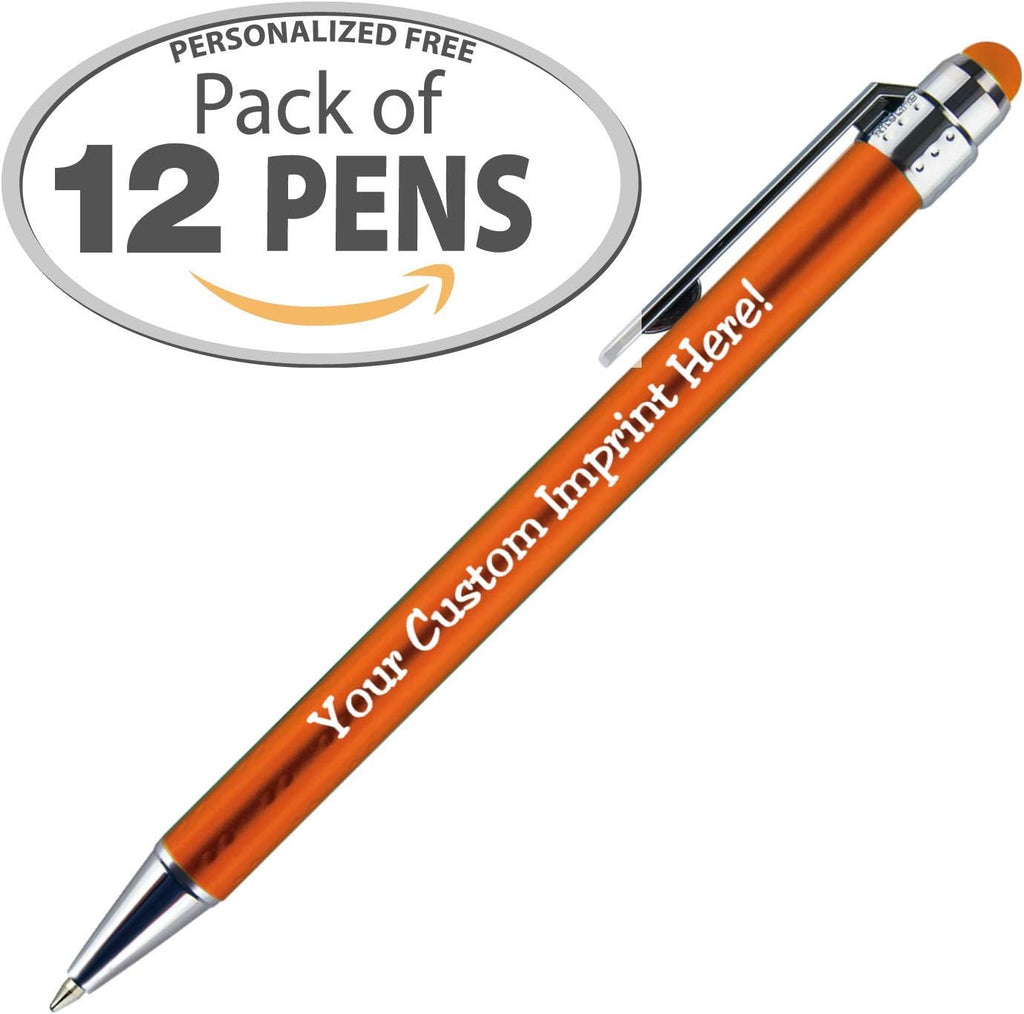 Personalized Pens with Stylus Tip -Bright Vibes- Click action - Custom - Black writing - Printed Name pens - Imprinted with Your Logo or Message - FREE PERSONALIZATION - 12 Pens/Box (Orange)