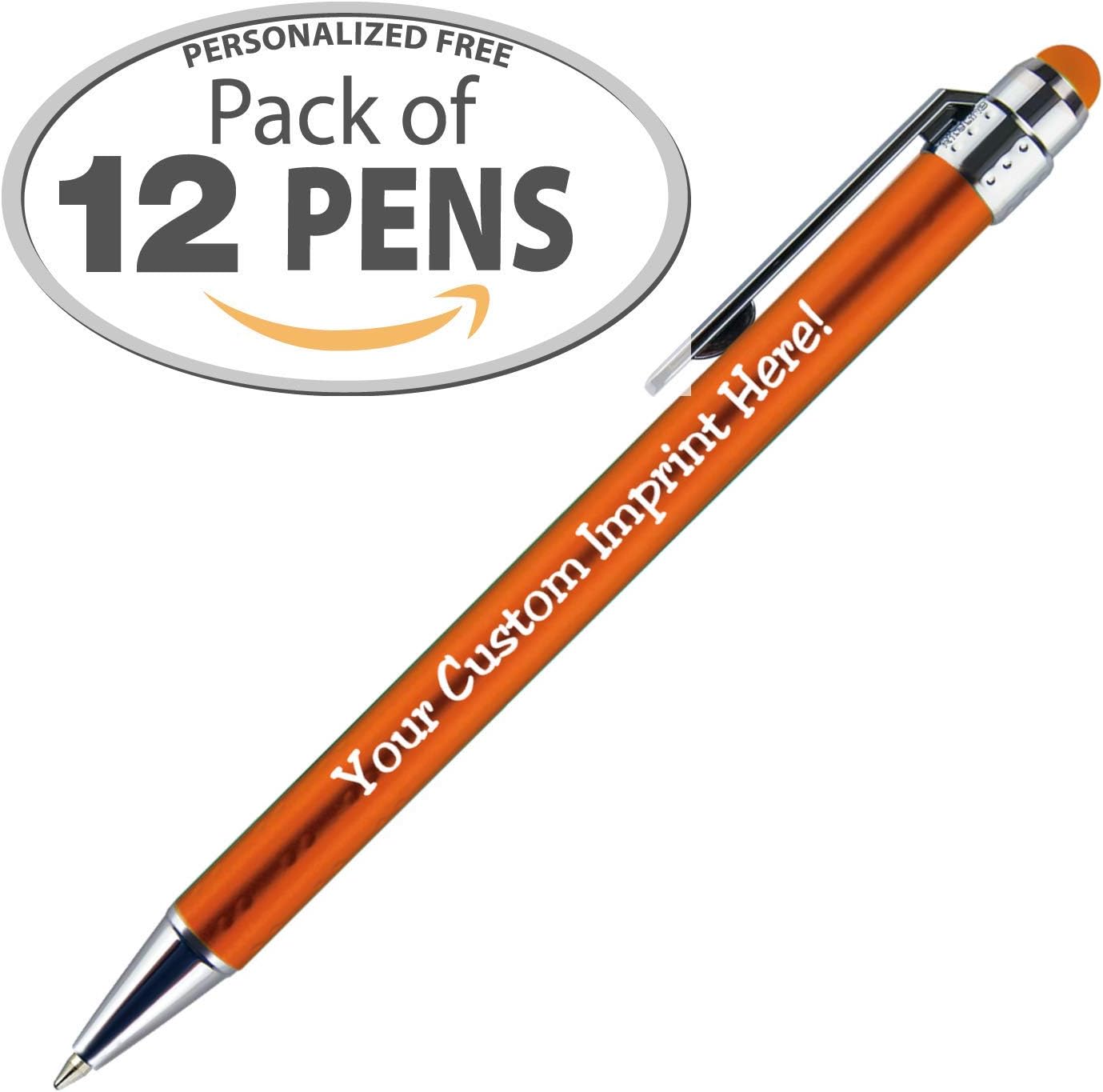 Personalized Pens with Stylus Tip -Bright Vibes- Click action - Custom - Black writing - Printed Name pens - Imprinted with Your Logo or Message - FREE PERSONALIZATION - 12 Pens/Box (Orange)