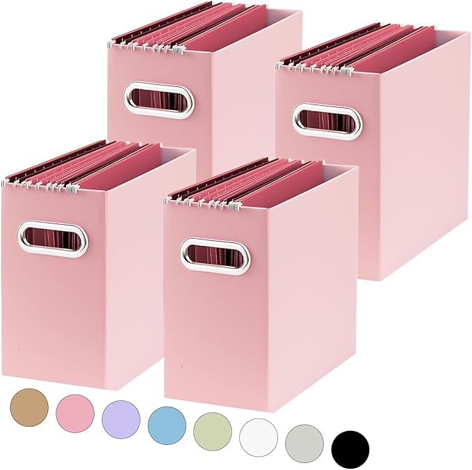 Oterri File Organizer, 4 Packs Small Storage Box, Cardboard File Folder Organizer, Collapsible File Box, Hanging File Organizer for Letter Size, Portable File Box with Handle, Only Box（Pink）