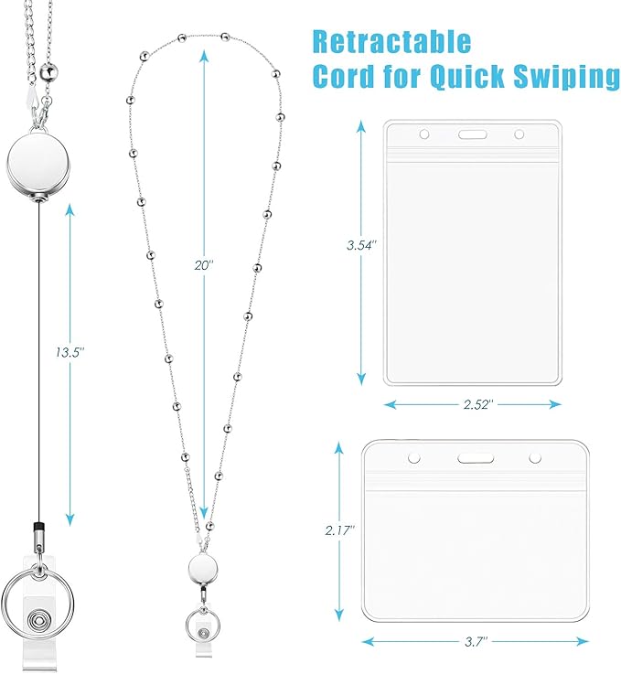 Retractable Badge Reel Lanyard with 2 Pieces ID Holder for Women, Vzrflee Fashion Beaded Chain Premium Stainless Steel Lanyard Necklace Water Resistant Name Badge Holder