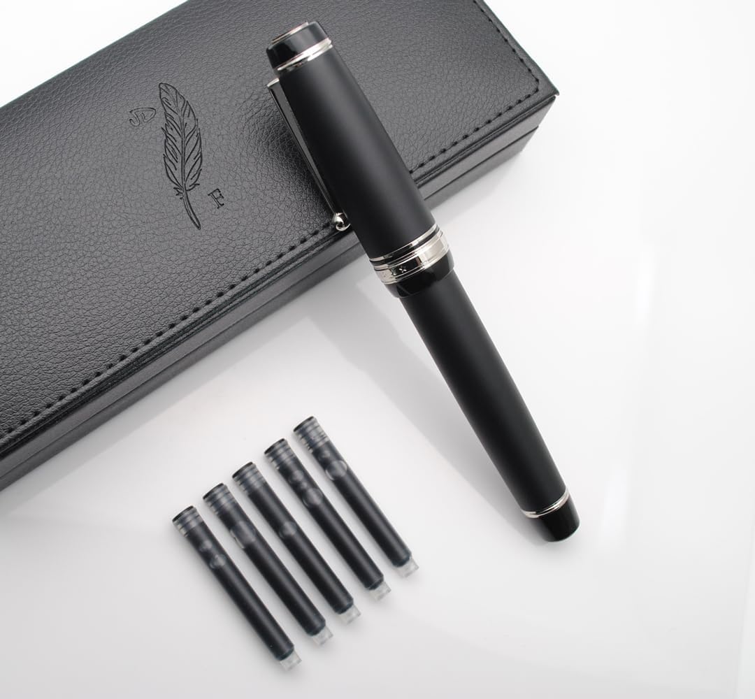 Metal Big Fountain Pen Set Medium Nib 0.7mm, Includes Ink Refill Converter, 5 Ink Cartridges & Gift Box (Medium Nib 0.7mm, Matte Black with Silvery Clip)