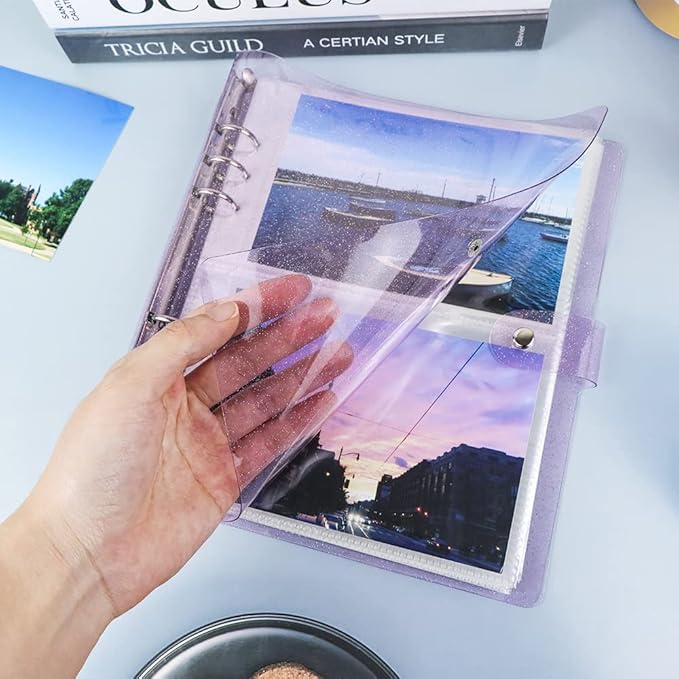 Purple Giltter PVC Kpop Photocard Binder Loose Leaf 6-Ring Wide A5 Photocards Holder with 6 Inch 100 Pockets Photo Pages Transparent Card Sleeve Protectors Page for Photos Cards Album Folder Organizer