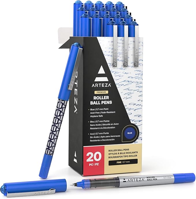 ARTEZA Rollerball Pens Pack of 20, 0.7mm Blue Liquid Ink Pens for Bullet Journaling Fine Point Rollerball