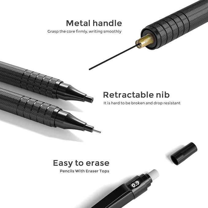 Nicpro 0.9 Metal Mechanical Pencil Set with Case, 3PCS Black MP1000 0.9mm Drafting Pencil, 8 Tubes HB Lead Refills, 3PCS Erasers, Erasers Refills for Artist Writing, Drawing, Sketching