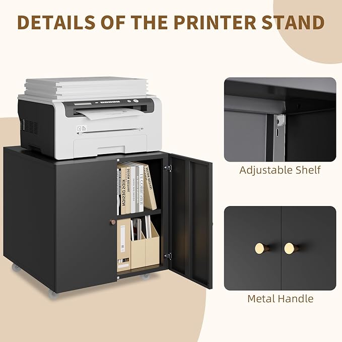 Printer Stands with Storage, Desk Organizers for Home Workspace, Under Desk Black Small Rolling Printer Table Work Cart with Wheels Organizer Spaces for Office