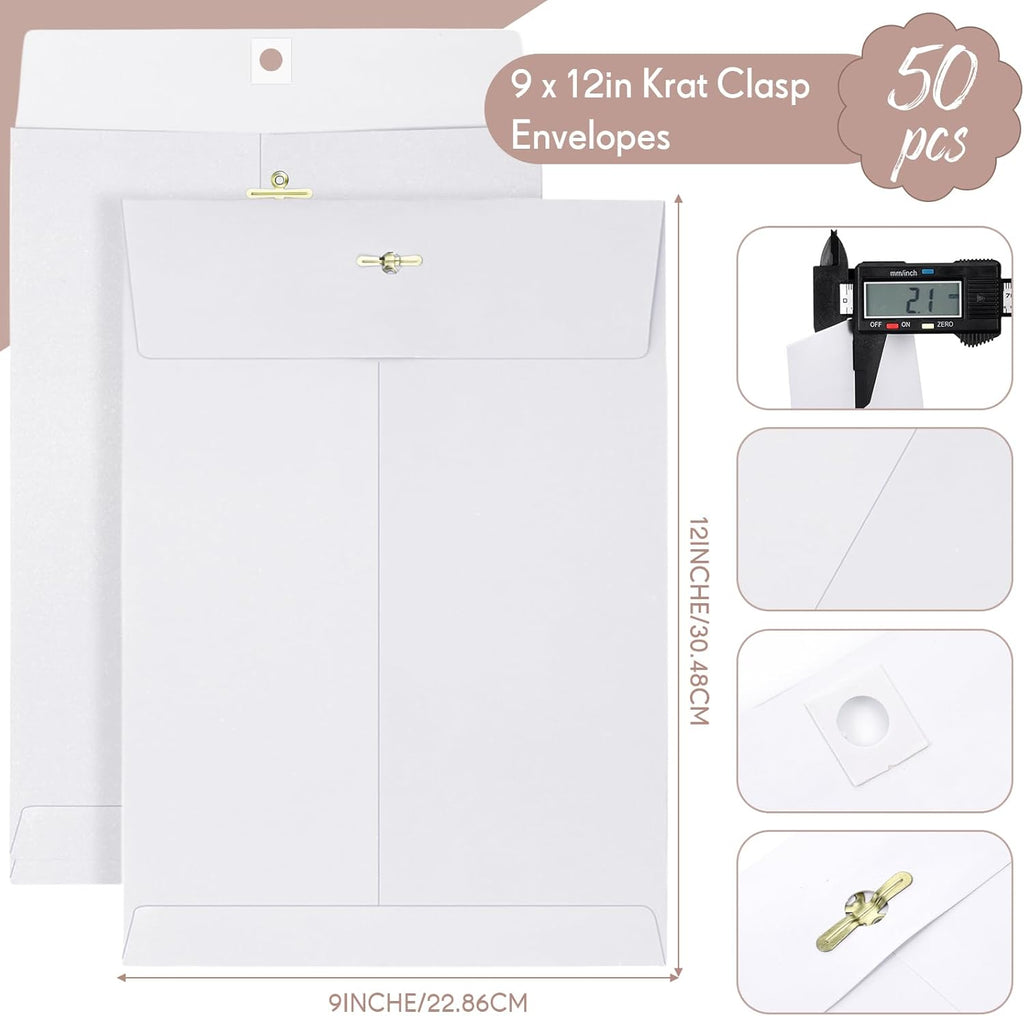 Teling 50 Pcs Manilla Envelopes Clasp Kraft Catalog with Closure for Storing Mailing 28 lb Kraft Envelope Paper for Office Document School Business Home(White,9 * 12)