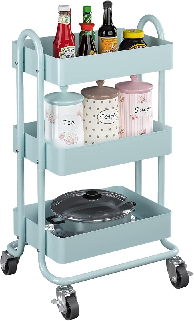 3-Tier Rolling Cart with Wheels,Kitchen Storage Carts or Metal Rolling Utility Cart with Handle,Movable Storage Organizer,Blue Carts for Nursery, Kitchen, Bathroom, Craft Room（13.4"x18.1"x31"）
