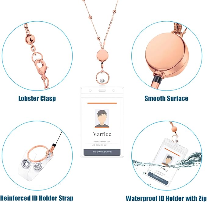 Retractable Badge Reel Lanyard with 2 Pieces ID Holder for Women, Fashion Beaded Chain Premium Stainless Steel Lanyard Necklace Water Resistant Name Badge Holder