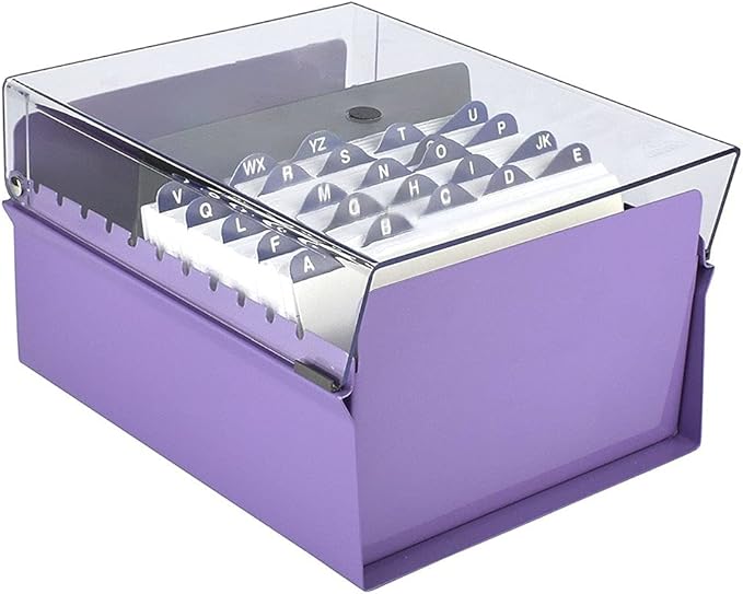 Acrimet 5 X 8 Card File Holder Organizer Metal Base Heavy Duty (AZ Index Cards and Divider Included) (Purple Color with Clear Crystal Plastic Lid Cover)