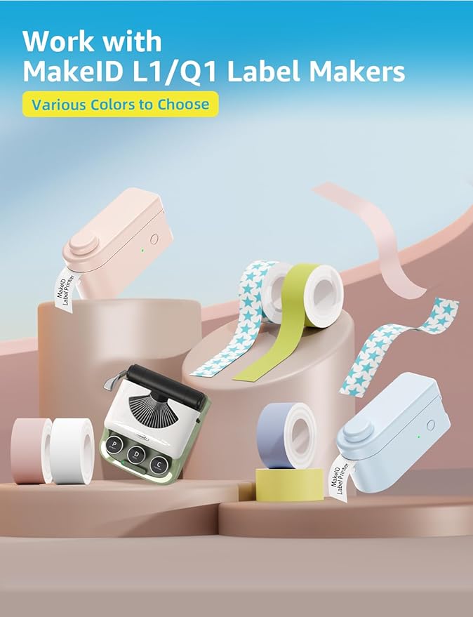 MakeID Label Maker Tape - Self-Adhesive Sticker Label Tape Refill Compatible with MakeID L1 Q1 Label Machine - Waterproof 6-Layer Laminated Film, Split-Back Design, 0.63"x13' (16mm x 4m)