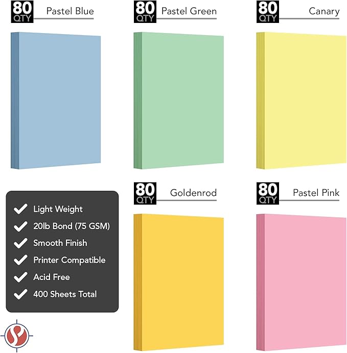 Pastel Color Paper, 11 x 17" Multi-Color Bulk Paper for Spring & Easter Greetings, Art & Crafts, Invitations | Regular 20lb Bond | 80 Blue, 80 Pink, 80 Green, 80 Canary, 80 Goldenrod (400 Total)