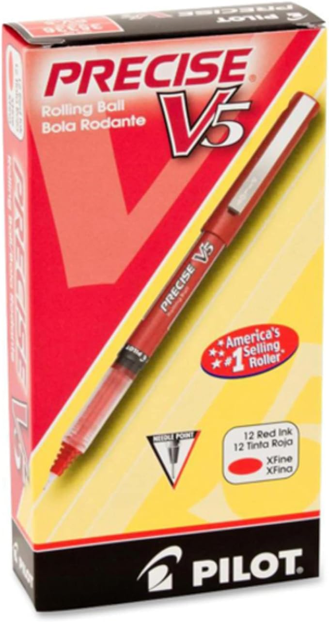 Pilot, Precise V5, Capped Liquid Ink Rolling Ball Pens, Extra Fine Point 0.5 mm, Red, Pack of 12