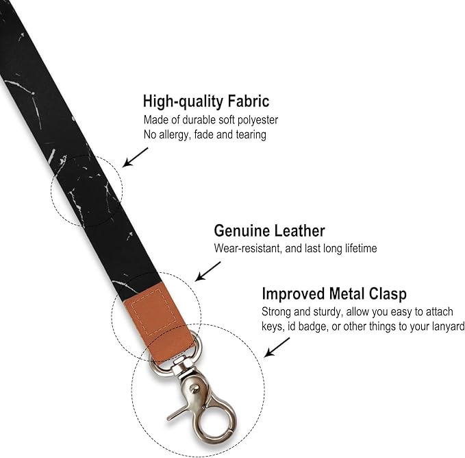 Black Marble Lanyard, Long Neck Lanyard with Metal Clasp, Sturdy Durable Women Men Id Badge Lanyard, Neck Lanyard Strap Ideal for Car Keys, Card Holder, Whistle, Keychain, Wallet