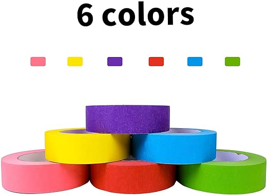 Colorful Masking Tape, Decorative Colored DIY Tape for Arts & Crafts, Labeling or Coding - 6 Different Color Rolls, 1 Inch x 55 Yards