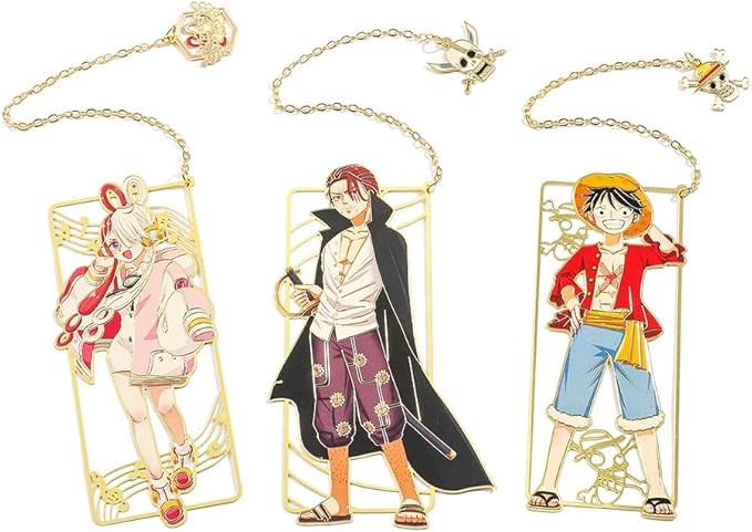One Pieces Anime Luffy Shanks Uta Book Mark - Brass Metal Bookmark, Stationery School Supplies, Gift for Book Lover, Friends, Anime Fans Collection (Set-4)