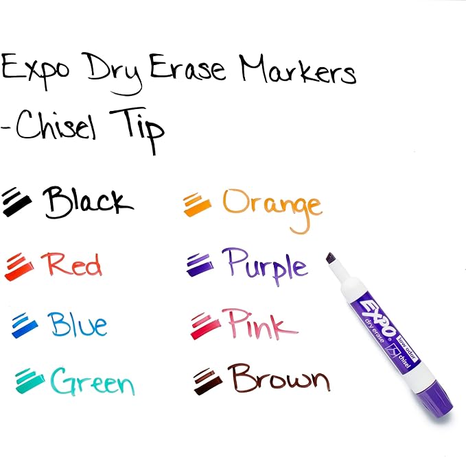 EXPO Low Odor Dry Erase Markers, Chisel Tip, Assorted Colors, 8 Count