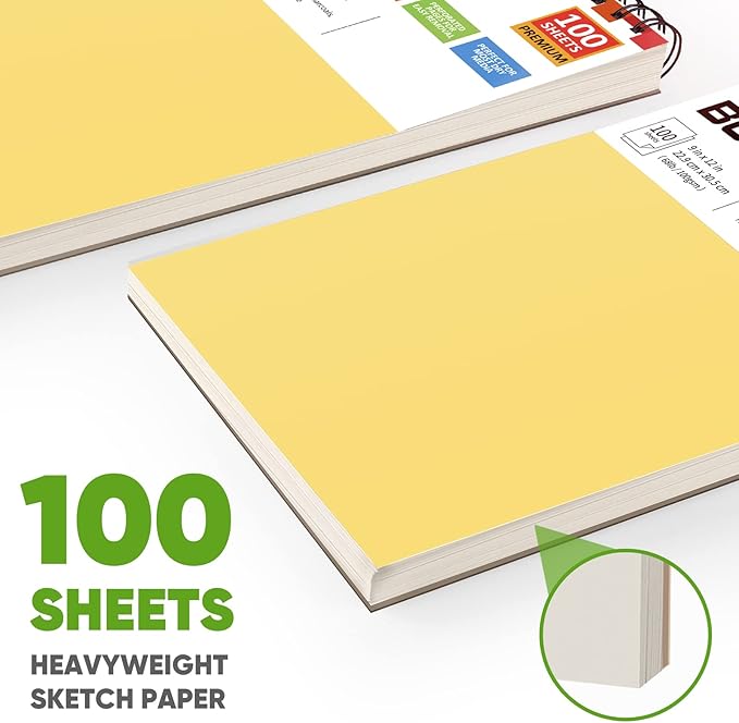 College Graduation Gifts, Easter Basket Stuffers for Teens, Nursing Student Essentials, Teacher Appreciation Gifts, Soucolor 9" x 12" Yellow Sketch Book, 1-Pack 100 Sheets Spiral Bound Drawing Paper