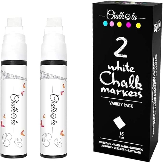 White Jumbo Chalk Markers - 15mm Window Markers | Pack of 2 White pens - Use on Cars, Chalkboard, Whiteboard, Blackboard, Glass, Bistro | Loved by Teachers, Artists, Businesses