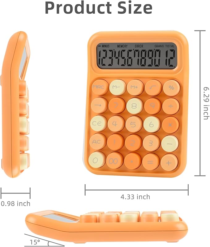 Desktop Calculator 12 Digit, Cute LCD Display Mechanical Basic Standard Calculators with Big Buttons, Aesthetic School Office Supplies (Mixed Orange)