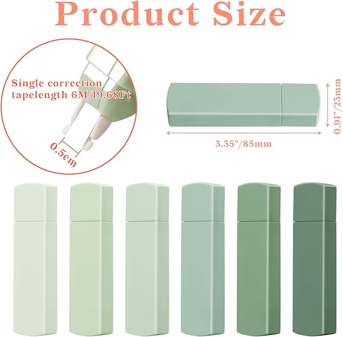 Temiary 6Pcs Mini White Out Tapes for Instant Correction, Cute Whiteout for Writing, Aesthetic Correction Tape Set Easy To Use for Students School Office Supplies (Green)