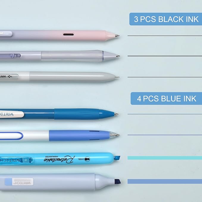 WRITECH Gel Pens Journaling Highlighters: Journal Set Aesthetic Assorted Pastel Color Ink 0.5mm Fine Point Retractable 0.7mm Black Pen Smooth Writing Drawing No Bleed 7ct (Blue)