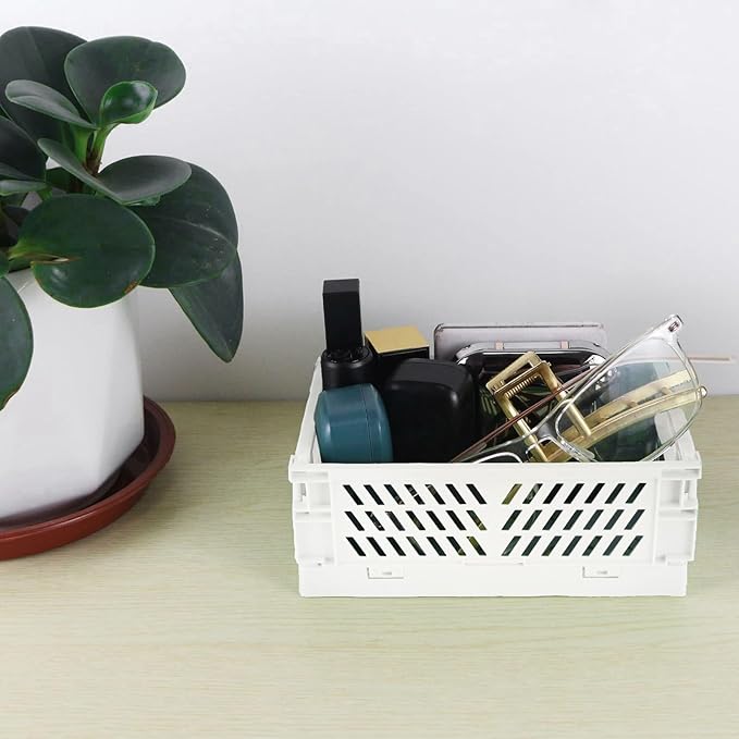Tixill 2-Pack Mini Foldable Plastic Storage Box Mini Plastic Baskets for Organizing and Storage for Home Kitchen Bedroom Bathroom Office. (White, 16x11x6)