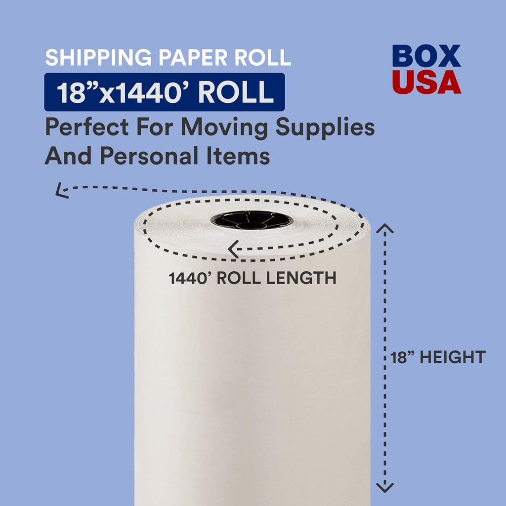BOX USA Packing Paper Roll 1440'L x 18"W - 1,000 Sheets 17” Long Equivalent - Large White Newsprint for Shipping, Packaging, Storage and Moving Supplies