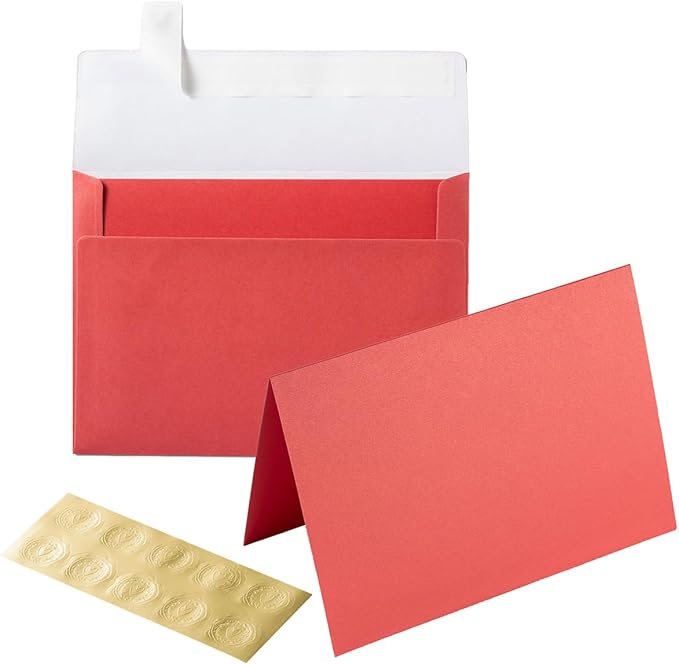 Wishop 50 Pack Shiny Self-Adhesive Envelopes with Shiny Fold Cards for Wedding Invitations, Greeting Cards, Baby Shower, Letter Mailing (Red, 4x6)
