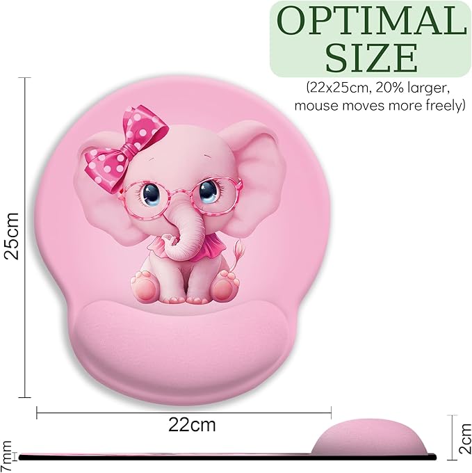 Pink Elephant Ergonomic Mouse Pad with Wrist Rest, Gaming Mouse Pad Wrist Support with Non-Slip Pain Relief PU Base, Cute Mouse Pads for Desk Work, Cute Pink Office Supplies Desk Accessories