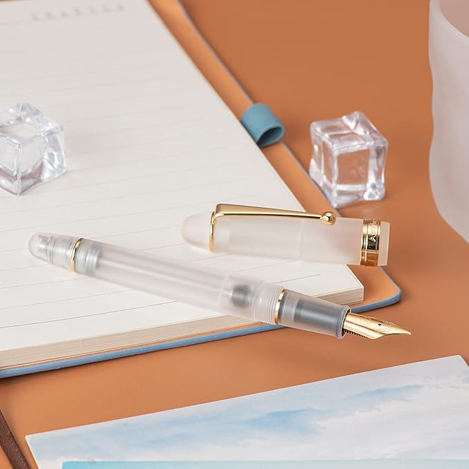 Asvine V126 Vacuum Filling Fountain Pen Medium Nib, Frosted Transparent Clear Acrylic, Large-Capacity with Gift Case