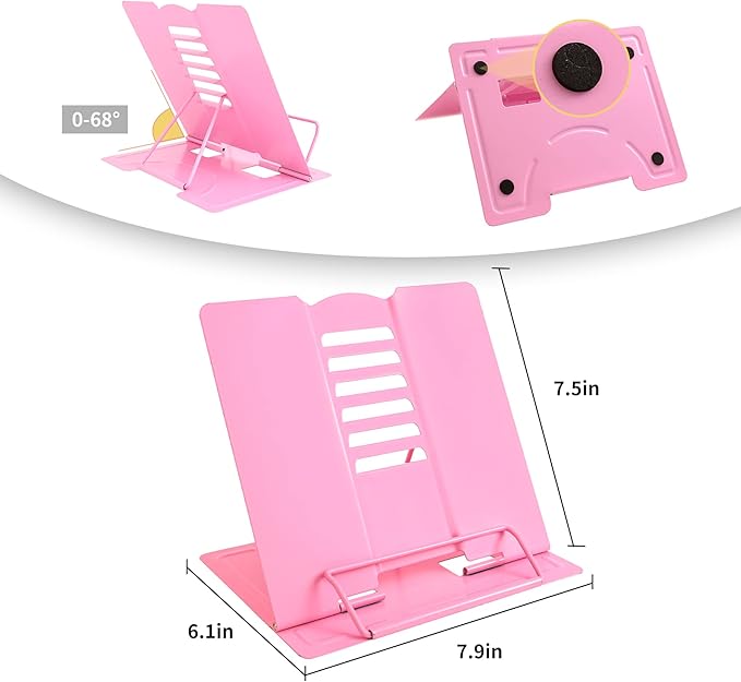Metal Book Stand - Adjustable Book Holder for Reading (Full Pink)