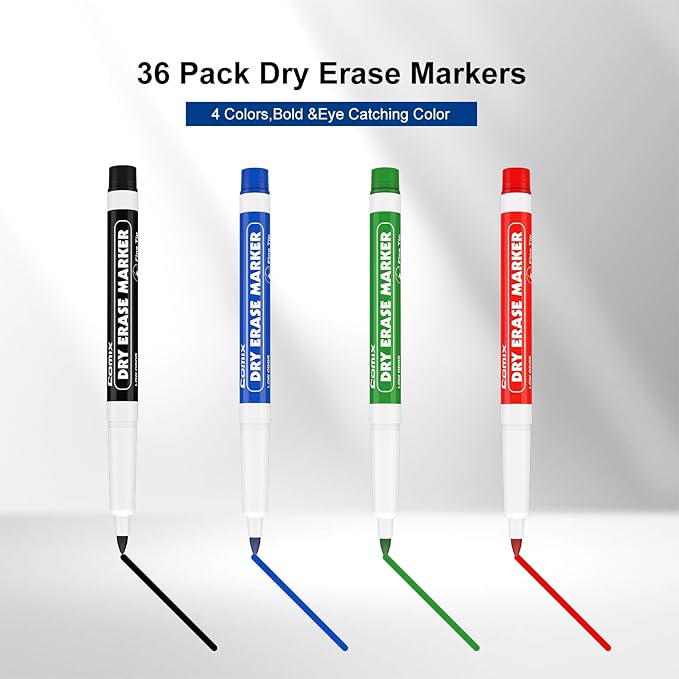 Comix Fine Tip Dry Erase Markers, Low Odor Whiteboard Markers, 36 Bulk 4 Assorted Colors Markers for Kids Teachers Office & School Supplies
